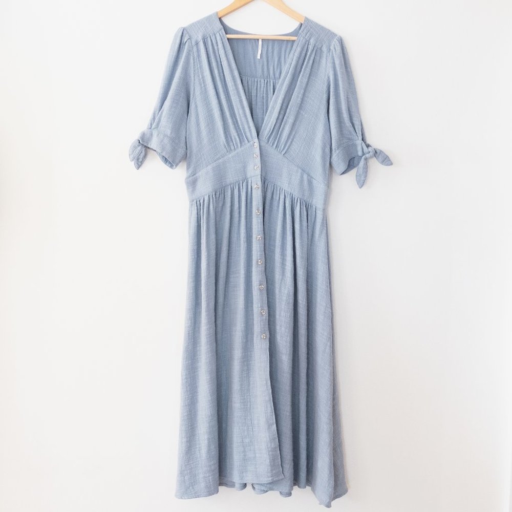 Free People Love of My Life Tie Sleeve Plunge Neck Button Down Midi Dress
